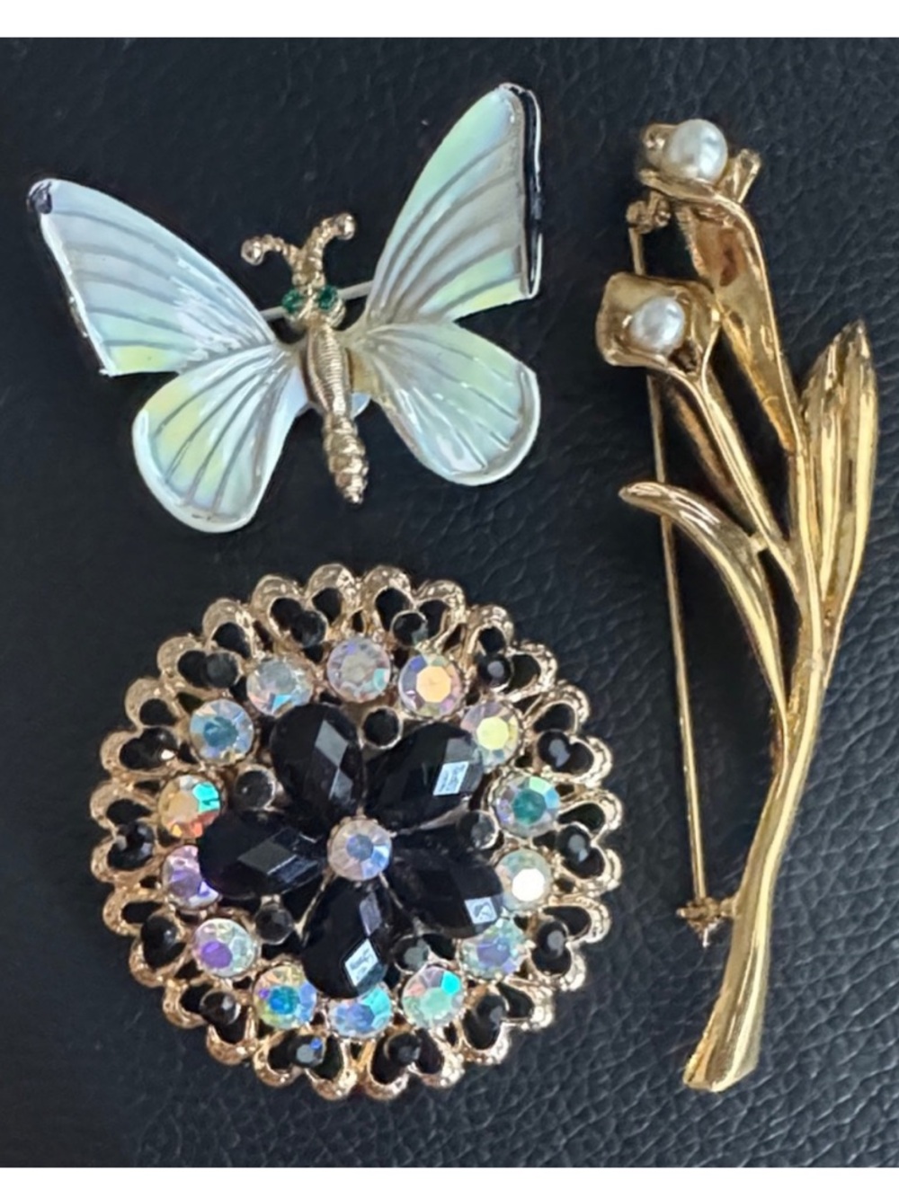 Classic 3 Piece Gold-Tone Floral & Butterfly Brooch Set - Black, White, Gold